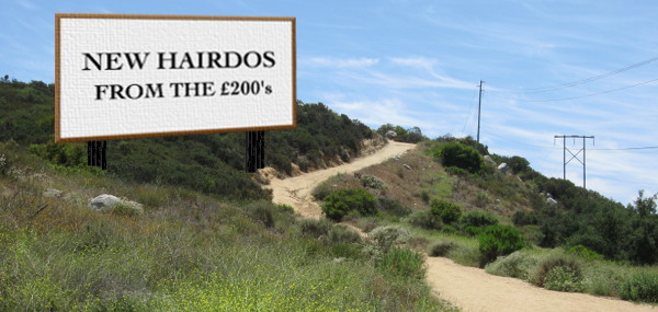 A billboard reading "New hairdos from the £200's"