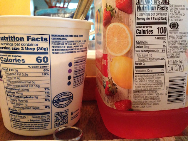 Comparison of nutrition facts on juice and sour cream.